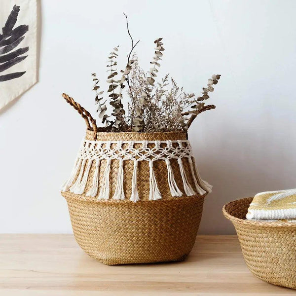 Fringed Macrame Woven Basket