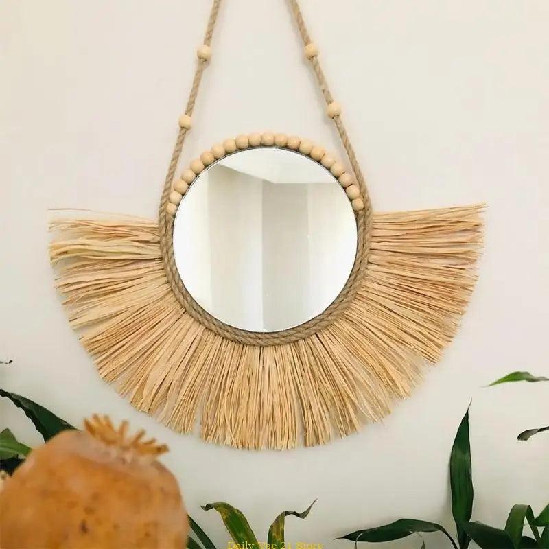 moroccan straw wall hanging mirror