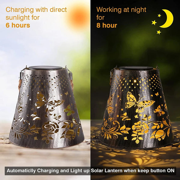 Solar Powered LED Hanging Lantern Butterfly Flower Projection Lamp