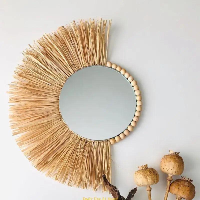 moroccan straw wall hanging mirror